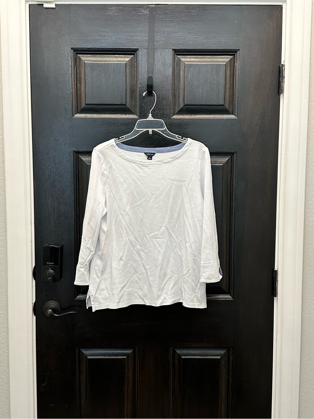 Nautica White Boatneck 3/4 Sleeve Women’s Top with Chambray Cuff L